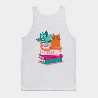 One more chapter // spot // pastel pink background orange tabby cat striped mug with plants orange teal and yellow books with quote Tank Top